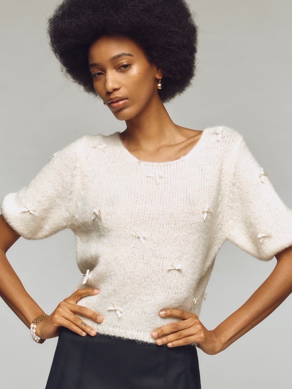 FRNCH Anthropologie 3D Bow Short Sleeve Sweater Embroidered Knit Top Small NEW